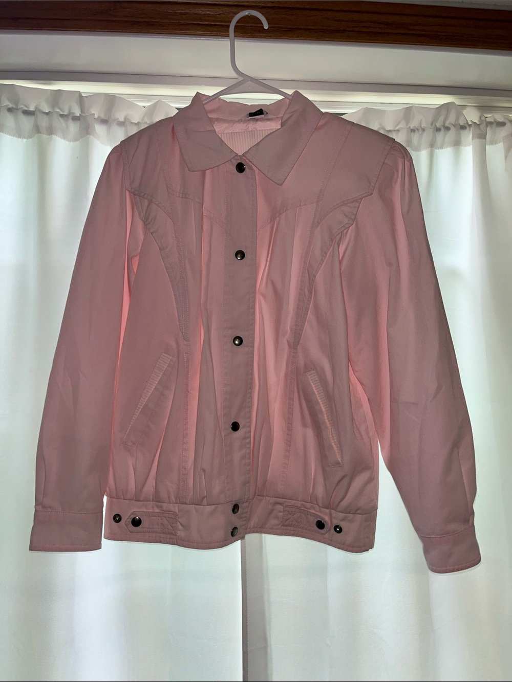 Light Pink Vintage 80s 90s Bomber Jacket with Snap Front & Shoulder Pads
